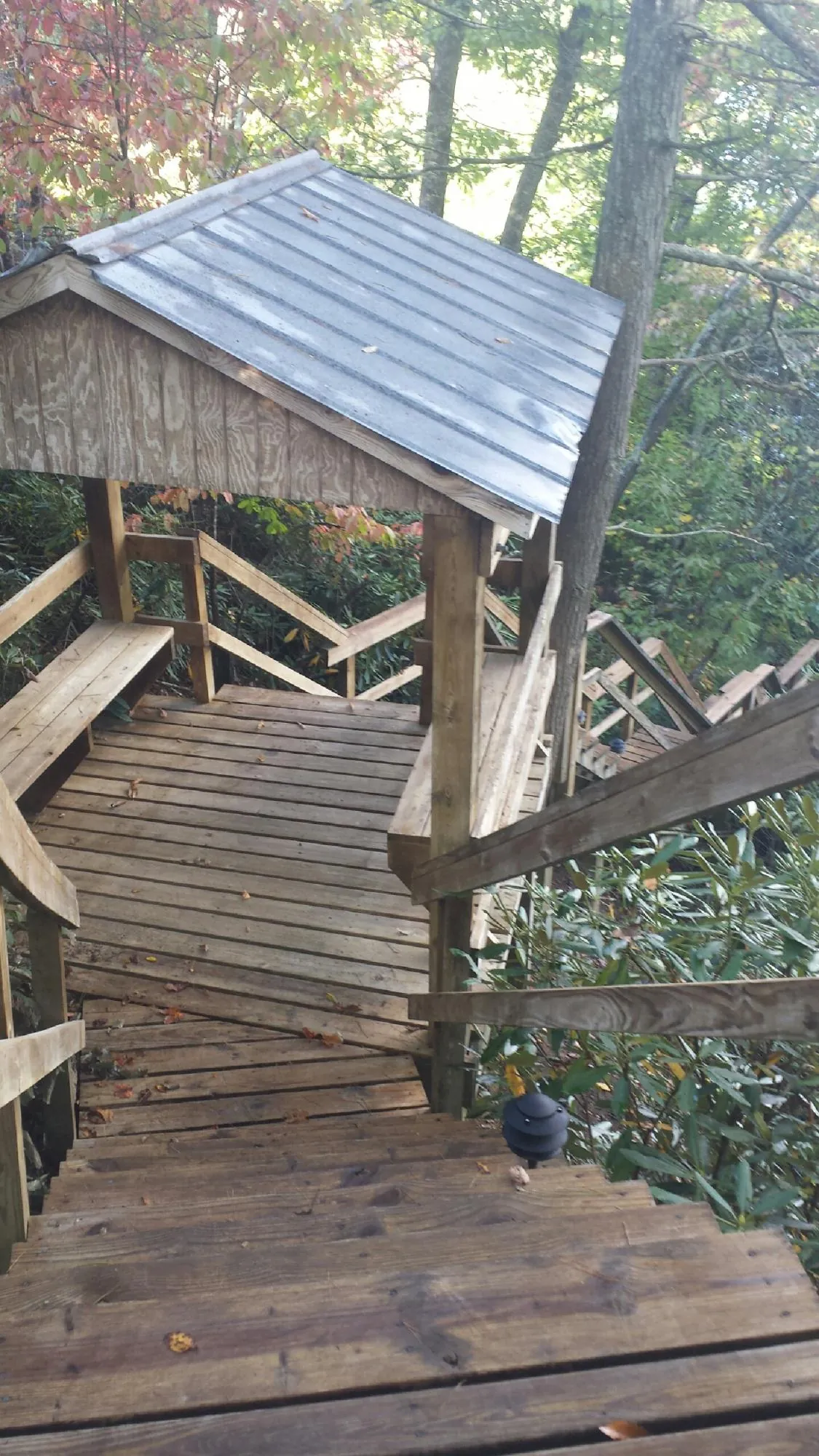 Metal roofed shelter over wooden steps on a wooded walkway — Skylight Repair & Installation work by our crew in Maryland Heights